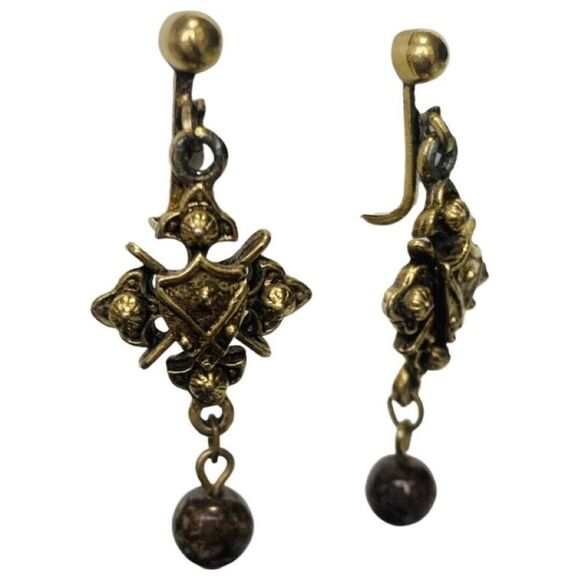 Vintage Gold Tone Brown Beaded Crest Clip On Drop Women’s Fancy Earrings - Picture 2 of 7